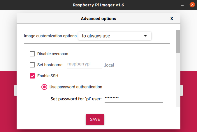 alt "Raspberry Pi Imager - Advanced Options Menu"